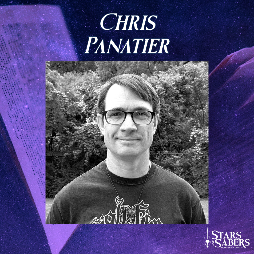 Author Chris Panatier in black and white on a purple book background for Stars and Sabers
