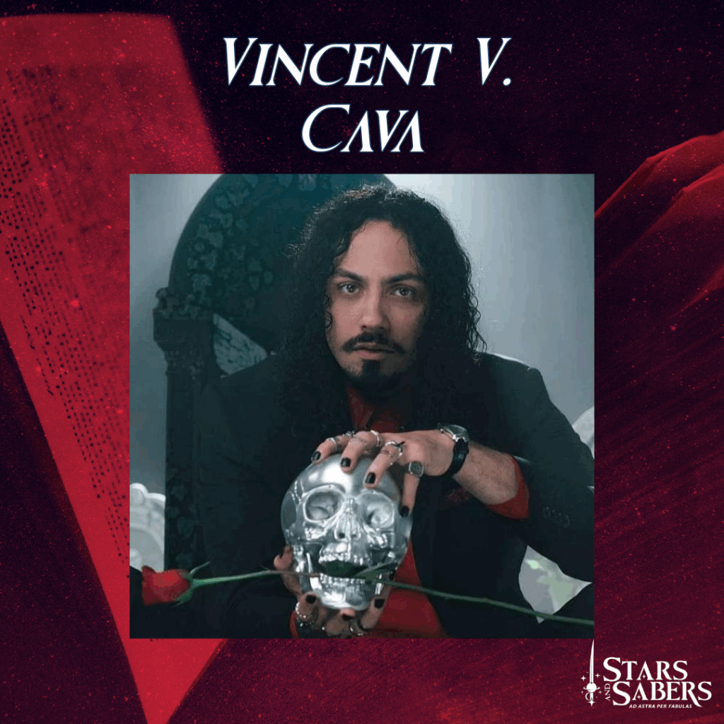 Vincent V. Cava holding a metallic scull and a long-stemmed red rose.