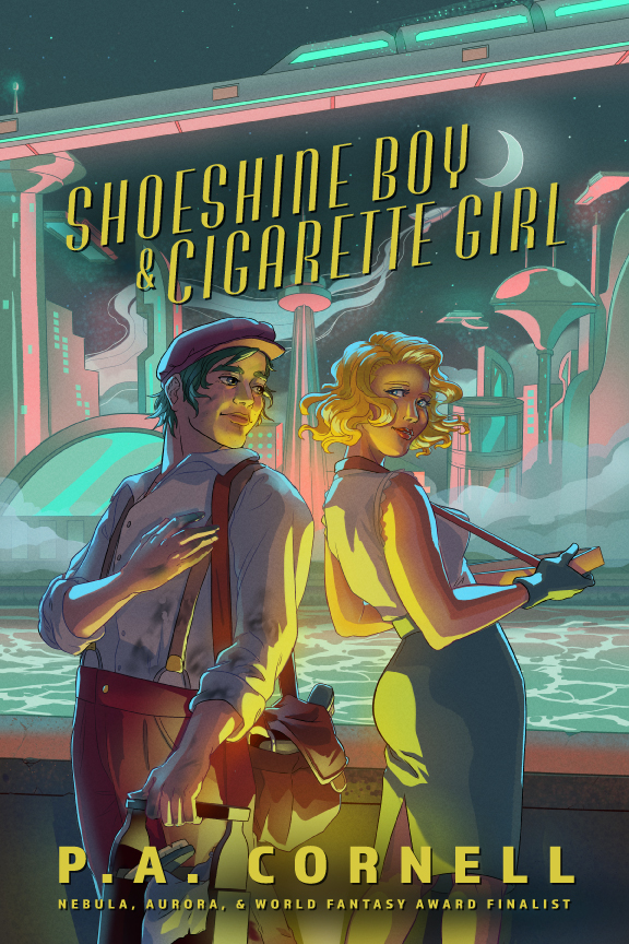 The cover for SHOESHINE BOY & CIGARETTE GIRL by P.A. Cornell, featuring a Latinx brunette young man holding a shoeshine kit and a curvy, blonde white woman carrying a cigarette tray. The background is of a retrofuturistic Toronto skyline.